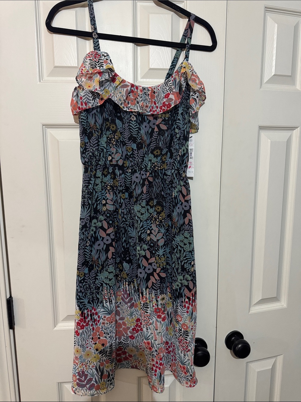 Maggy London Black Multi Floral Ruffle Strap Mini Dress